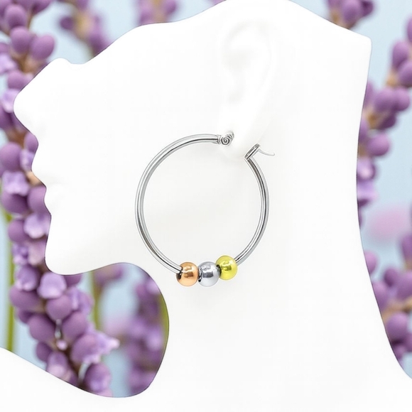 🆕️‎ 18K Gold Plated Stainless Steel Tri-Color Beaded Hoop Earrings Trendy Chic - Picture 3 of 9